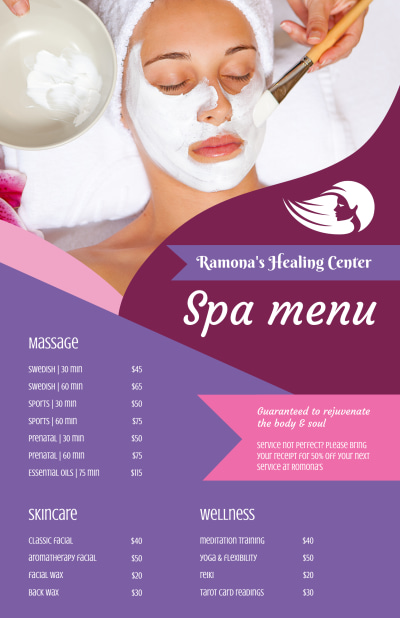 Healing Center Spa Menu