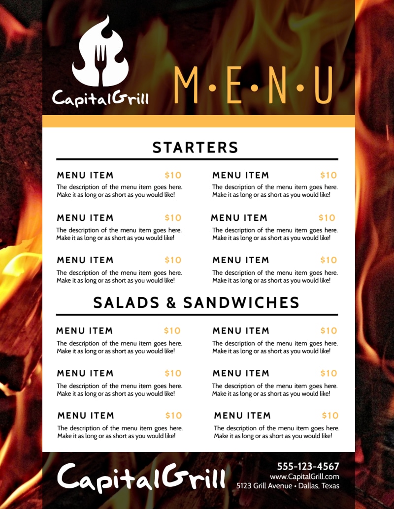 fire restaurant menu template restaurant menu template