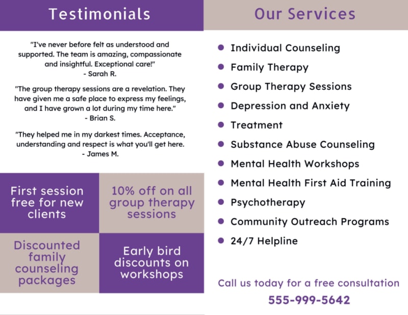 Mental Health Counseling Center Bi-Fold Brochure Template